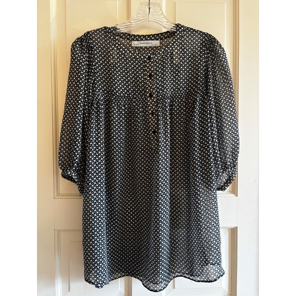 Zara Basic Womens XS Black White Geometric Print Sheer Chiffon Tunic Blouse